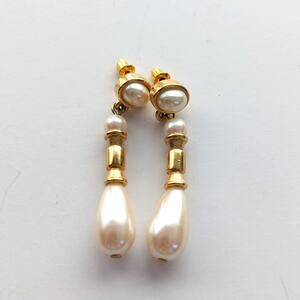 Vintage Richelieu Gold Tone Faux Glass Pearl Dangle Pierced Stud Earrings